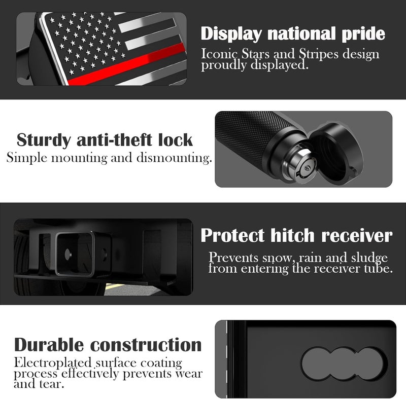 OGYE Heavy American Flag Metal Trailer Hitch Cover for 2 Inch Receivers (with 5/8-inch Pin Diameter Trailer Hitch Lock,Chrome&Thin Red Line) - Image 3